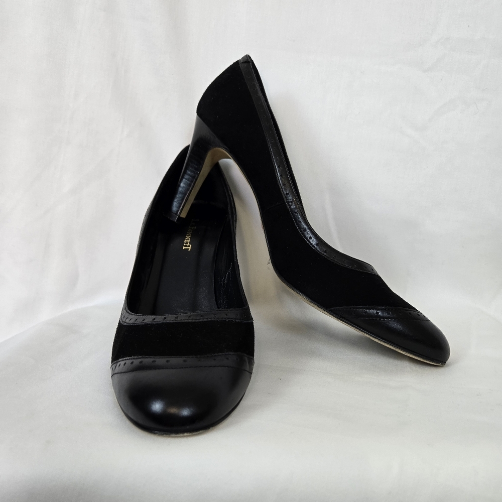 L.K Bennett Womens Career Black Leather Suede Brogue Style Court Shoes 11.5/EU42